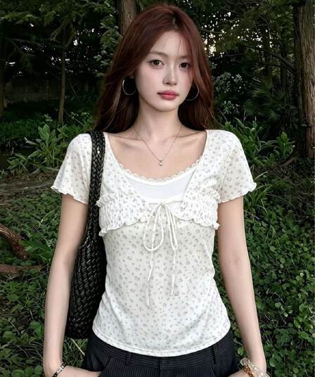 260 그램 모달 한 부서 레이스 레이스업 꽃무늬 페이크 레이어드 반팔 티셔츠 여성 여름 몸매 가꾸기 슬림해 보이는 핫걸 맨위