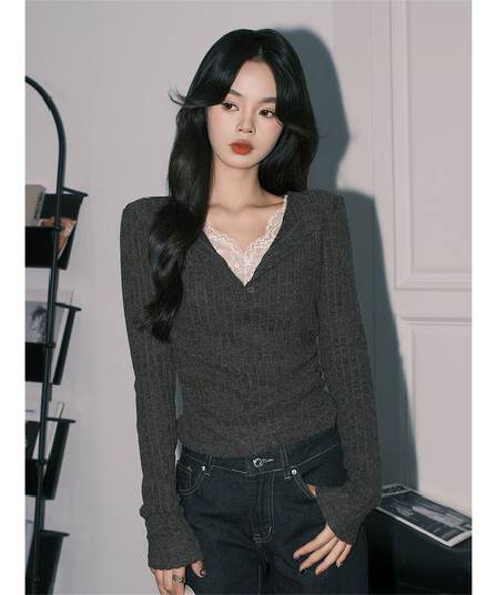 사람들 면 구덩이 기사 연삭 털 품격 회색 레이스 페이크 레이어드 V넥 순수한 욕망 긴팔 만나는 맨위