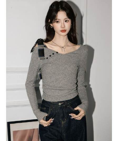 디자인 센스 나비 넥타이 긴팔 티셔츠 여성 의류 불규칙 몸매 가꾸기 오프숄더 맨위