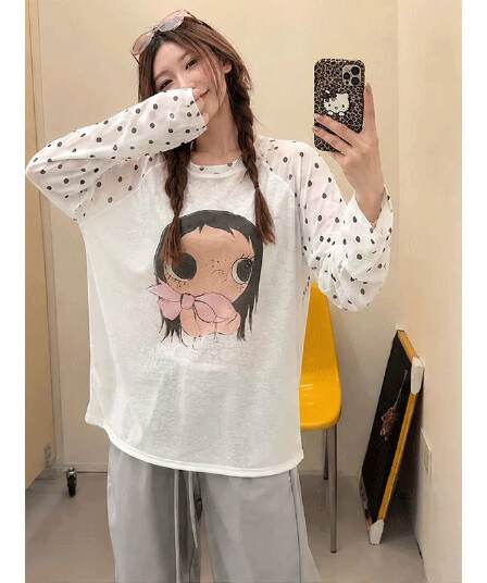 라이 경기 서울 눈꽃 면 140 크 망사 긴팔 티셔츠 재미있는 프린트 느긋한 루즈핏 자외선 차단 맨위