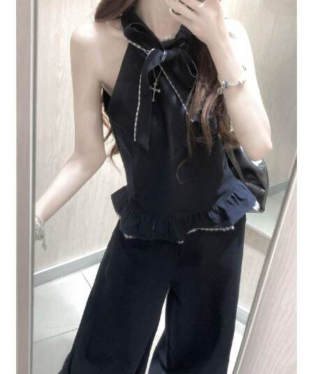 한 부서 연령 감소 캐주얼 스포츠 슈트 여성 여름 디자인 센스 체크무늬 레이스 행침 목 조끼 와이드 레그 팬츠 투피스 세트