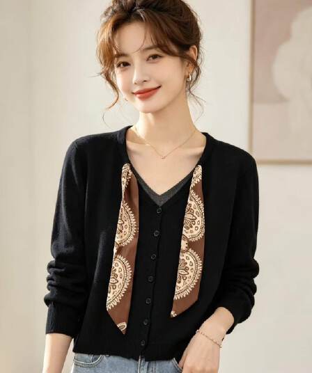 2026 신선함 부드러운 V넥 스카프 디자인 긴팔 오픈 가디건