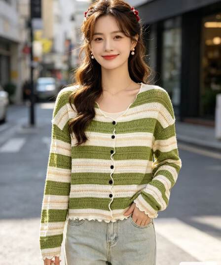 배색 스트라이프 V넥 프릴 긴팔 니트 티셔츠 여성 이른 가을 2026 외국 가스 허리 수축 슬림해 보이는 싱글 줄 버튼