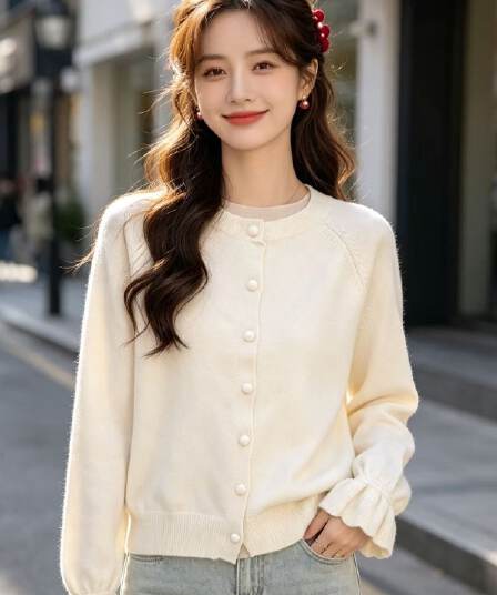 2026 가을 새로운 라운드 넥 단추 꽃잎 커프스 디자인 니트 긴 소매 오픈 가디건
