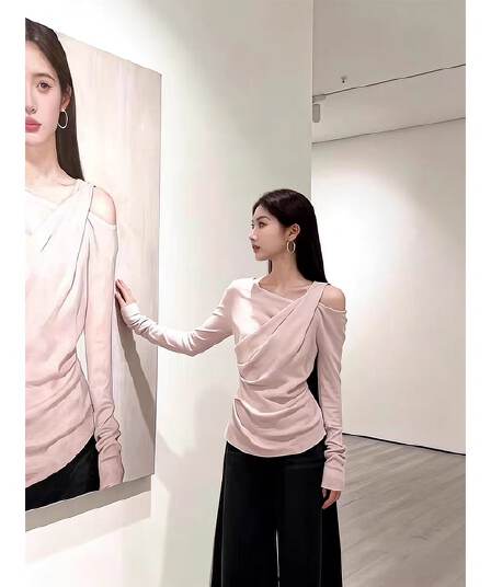 사람들 면 270 그램 한 부서 회색 비스듬한 칼라 오프숄더 긴팔 티셔츠 여성 가을 몸매 가꾸기 슬림해 보이는 인사이드 잡아라. 의류