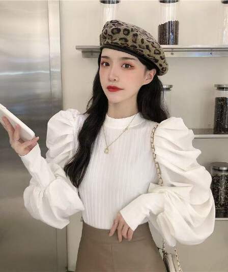 봄 가을 새로운 프랑스식 레트로 거품 소매 맨위 궁정 바람 다용도 외국 가스 몸매 가꾸기 풀오버 니트 스웨터 여성