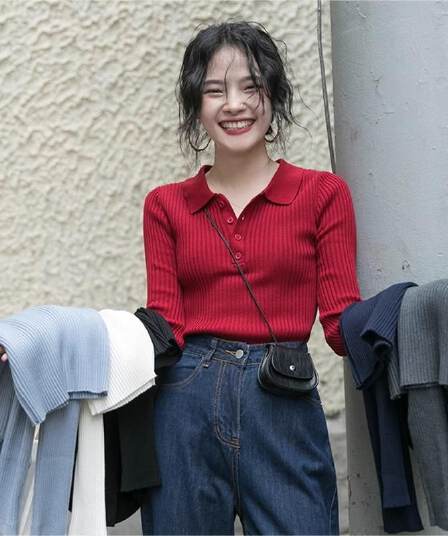 단색 패션 POLO 칼라 긴팔 니트 스웨터 여성 가을 겨울 2026 새로운 인기 다용도 슬림해 보이는 대기 센스 스웨터