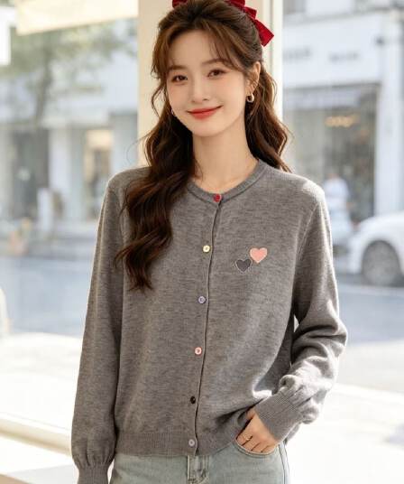 2026 패션 라운드 넥 하트 자수 단색 니트 다용도 긴팔 오픈 가디건