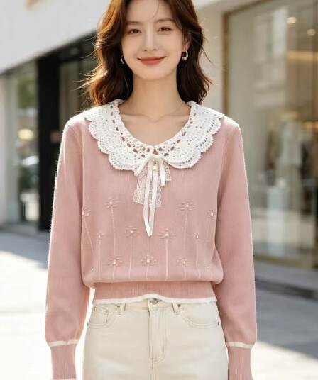 부드러운 달콤함 바람 벨트 레이스 베이비 칼라 진주 나비 매듭 니트 풀오버 긴팔