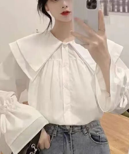 화이트 베이비 칼라 셔츠 여성 의류 봄 가을 디자인 센스 셔츠 새로운 달콤함 한 부서 긴팔 맨위