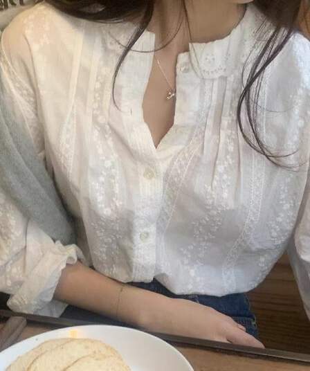 레이스 레이스 프랑스식 버블 라운드 넥 셔츠 새로운 루즈핏 셔츠 품격 자수 화이트 맨위 긴팔 선적