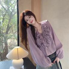 批发法式荷叶边抽绳V领<b class='q'>衬衫</b>女2026春季新款洋气小众独特别致长袖<b class='q'>衬衣</b>