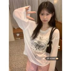 批发纸片人设计感慵懒宽松<b class='q'>防晒衣</b>2024年夏季新款空调罩衫长袖T恤上衣