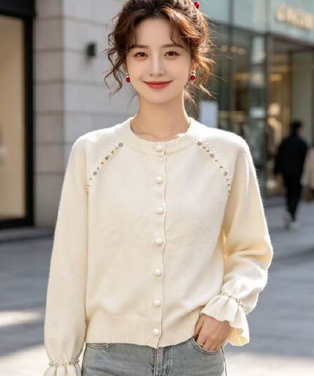 2026 가을 새로운 라운드 넥 단추 꽃잎 커프스 비즈 박기 니트 긴 소매 오픈 가디건