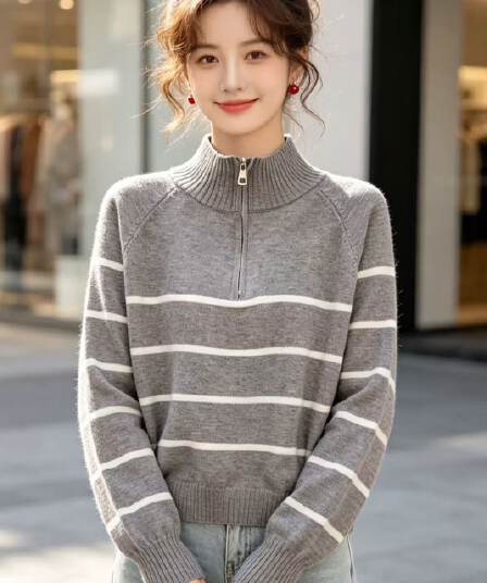 2026 가을 한 부서 반하이넥 지퍼 배색 스트라이프 다용도 풀오버 긴팔