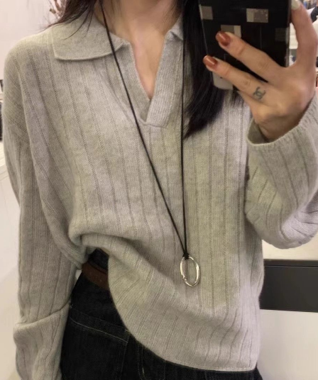 프랑스식 POLO 칼라 스웨터 가을 겨울 새로운 루즈핏 스웨터 레트로 폴로 칼라 니트 긴 소매 맨위 만나는 니트 스웨터