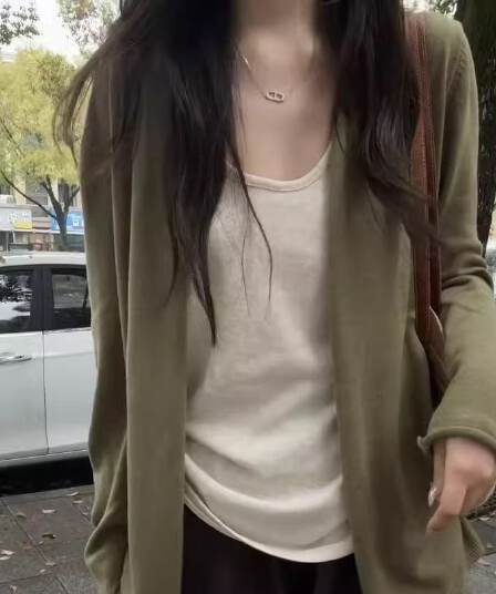 느긋한 바람 녹색 니트 오픈 가디건 여성 가을 새로운 부드러운 찹쌀 루즈핏 다용도 긴팔 느슨함 센스 재킷 맨위