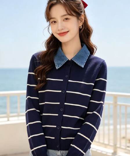 2026 가을 패션 데님 폴로 칼라 패치워크 배색 스트라이프 니트 페이크 레이어드 긴팔 오픈 가디건