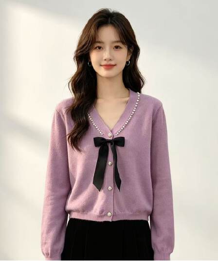 2026 년 가을 한 부서 연령 감소 V넥 나비 매듭 긴팔 오픈 가디건