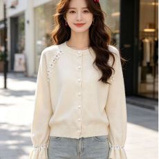 批发2026甜美减龄圆领立体花装饰长袖<b class='q'>开衫</b>