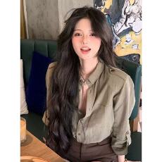 批发秋季韩系复古风宽松单排扣长袖<b class='q'>衬衫</b>女2026新款设计感翻领工装<b class='q'>衬衣</b>