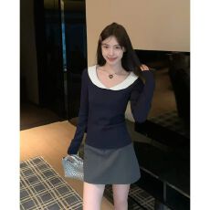 批发【1×1随心裁260克】撞色<b class='q'>娃娃领</b>长袖<b class='q'>T</b><b class='q'>恤</b>女