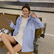 批发秋季刺绣蓝色衬衫女<b class='q'>长袖</b>设计感小众上衣女防晒外套chic韩版宽松潮