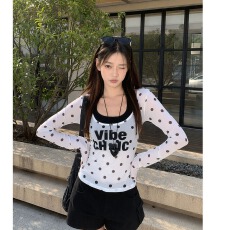批发波点透视<b class='q'>网纱</b>长袖罩衫内搭吊带两件套修身辣妹套装