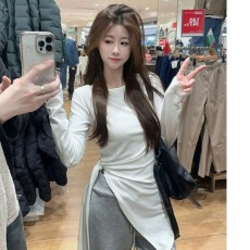 人棉不规则绑带收腰开叉灰色长袖t恤女早秋中长款打底衫上衣