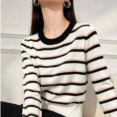 批发韩系松弛感条纹长袖上衣女秋季小个子修身短款内搭针织打底衫
