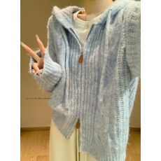批发<b class='q'>韩版</b>软糯宽松双拉链连帽针织开衫女秋冬慵懒风外搭显瘦毛衣外套潮