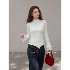 批发【原版面料】白色不规则半高领拼接上衣女蕾丝喇叭袖长袖打底衫