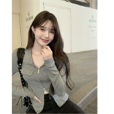 批发灰色辣妹短<b class='q'>外套</b>女装春秋冬拉链气质修身显瘦长袖上衣