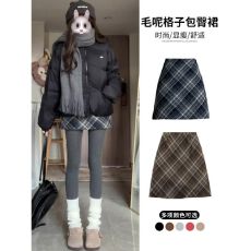 批发【550克原版质量】咖色复古毛呢格子裙秋季包臀短裙高腰a字半身裙