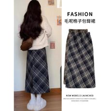 批发格子开叉半身裙秋冬新款修身小个子毛呢长款a字包臀裙