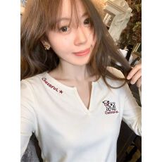 批发1*1膨体德绒早秋韩系小V领小羊绣花长袖<b class='q'>T</b><b class='q'>恤</b>软糯显瘦修身内搭上衣