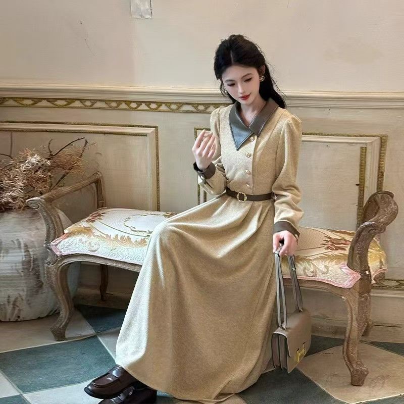 高级感气质长袖连衣裙女秋季新款减龄法式中长裙子 服裝批發女裝批發服飾貨源