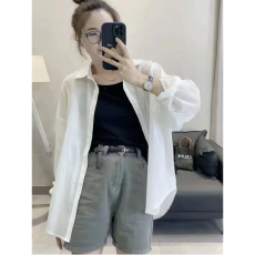 批发纯棉慵懒风长袖白色<b class='q'>防晒</b>衬衫女2026夏秋薄款宽松上衣休闲衬衣