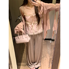 批发实拍实价 双层编制针织开衫天丝花边<b class='q'>雪纺</b><b class='q'>衫</b>蕾丝上衣慵懒收腰<b class='q'>长裤</b>