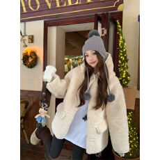 批发实拍实价 韩系切条这织带连帽羊羔毛外套女秋冬皮毛一体加厚皮草