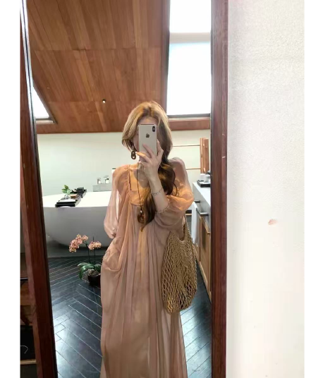 호박색 깃발 감기 센스 광장 칼라 거품 소매 구슬 빛 여성 드레스 여름 품격 치마
