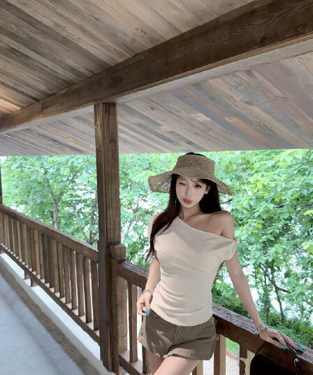 순수한 욕망 오프숄더 맨위 여성 여름 새로운 작은 대중 아름다운 비스듬한 어깨 몸매 가꾸기 반팔 티셔츠