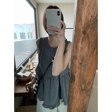 批发复古无袖圆领格子背心女夏季新款小众百搭别致上衣