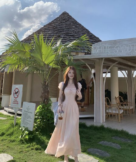 달콤한 스타일 반팔 여성 드레스 가을 허리 수축 슬림해 보이는 A라인 스커트 롱 스커트
