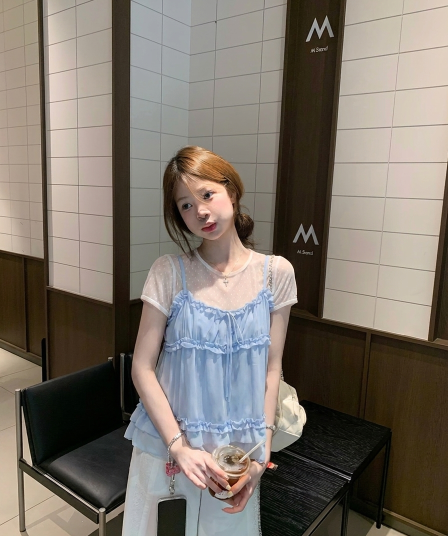 달콤함 세트 여성 레이스 반팔 티셔츠 가을 스택 착용 조끼 슬립 투피스 세트