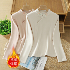 批发新中式国风德绒刺绣打底衫内搭盘扣上衣女秋冬高端<b class='q'>旗袍</b>领小衫洋气