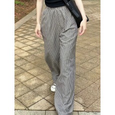 批发灰色条纹<b class='q'>亚麻</b>阔腿裤女春季薄款日系小个子棉麻裤子宽松运动休闲裤