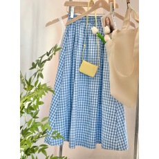 批发蓝色格子<b class='q'>半身裙</b><b class='q'>女</b>夏季2026新款小众气质巨好看文艺伞裙小清新半裙