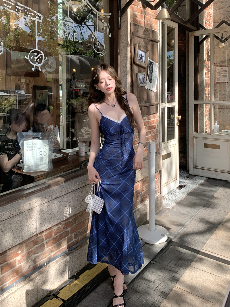 실사 정가 새로운 중식 국풍 레트로 체크무늬 슬립 여성 드레스 디자인 센스 여름 프랑스식 몸매 가꾸기 롱 스커트