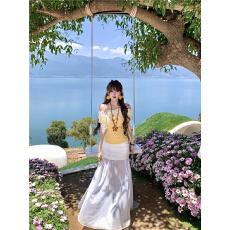 批发法式蕾丝拼接一字肩短袖T恤+网纱拼接<b class='q'>包臀</b>长款半身裙